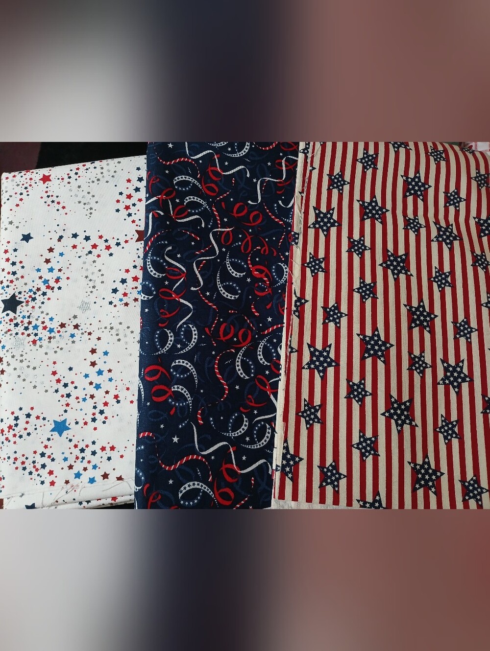 Lot of Patriotic Star & Stripe Cotton Fabric Trio Red White Blue